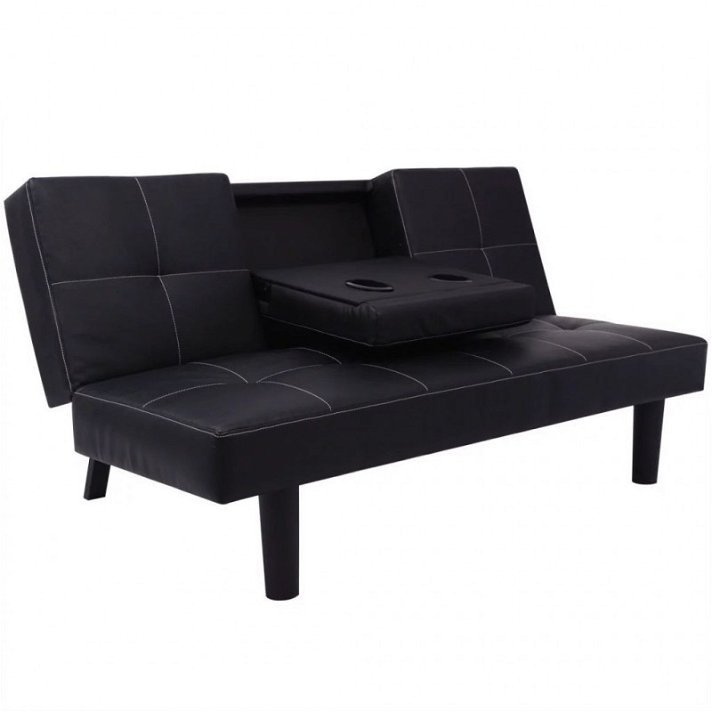 Sofá-cama 160x90 cm com mesa rebatível em madeira de pinho estofada em pele preta Vida XL