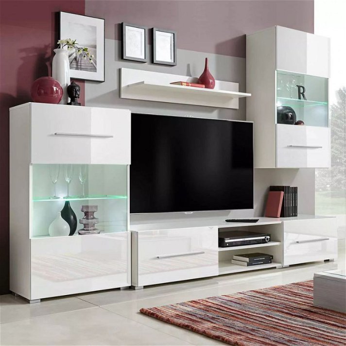 Mueble de tv 2 armarios con iluminación LED y estantes acabado en blanco Vida XL