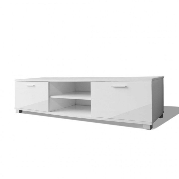 Mueble para TV de MDF blanco brillante 140x40,3 cm con estantes y puertas Vida XL