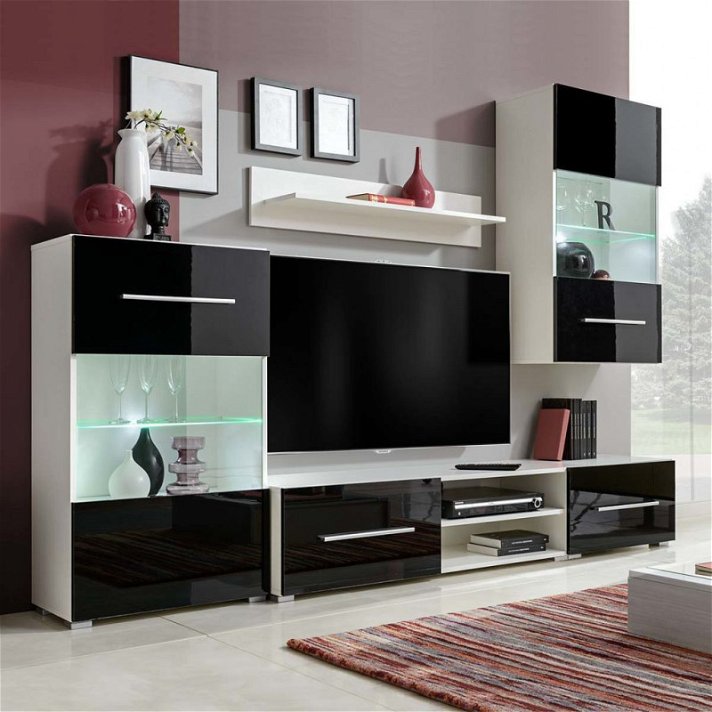 Mueble de tv 2 armarios con iluminación LED y estantes acabado en negro y blanco Vida XL