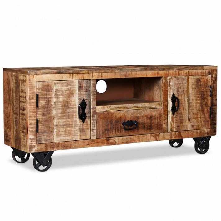 Mueble de TV con ruedas de 110x30 cm en madera de mango rugosa con puertas estantes y cajones Vida XL