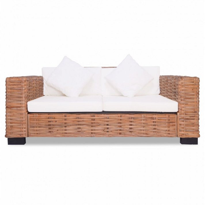 Sofá de 2 lugares sentados em madeira de manga e rotim natural com almofadas de creme Vida XL