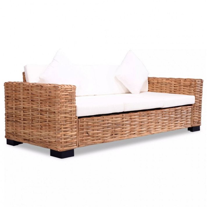 Sofá de 3 lugares em madeira de manga e rotim natural com almofadas de creme Vida XL