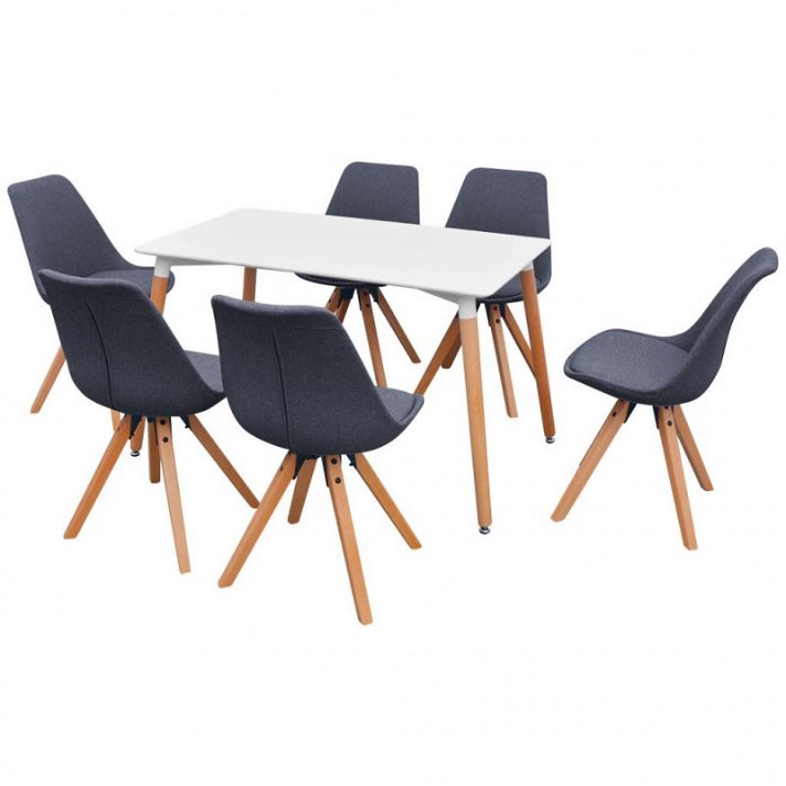 Conjunto de mesa blanca con seis sillas grises para comedor fabricado en madera de haya y MDF Vida XL