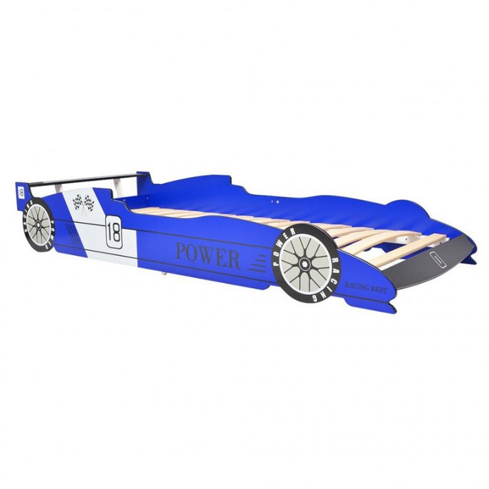 Cama infantil individual con forma de coche de carreras azul de MDF y madera 90x200 cm Vida XL