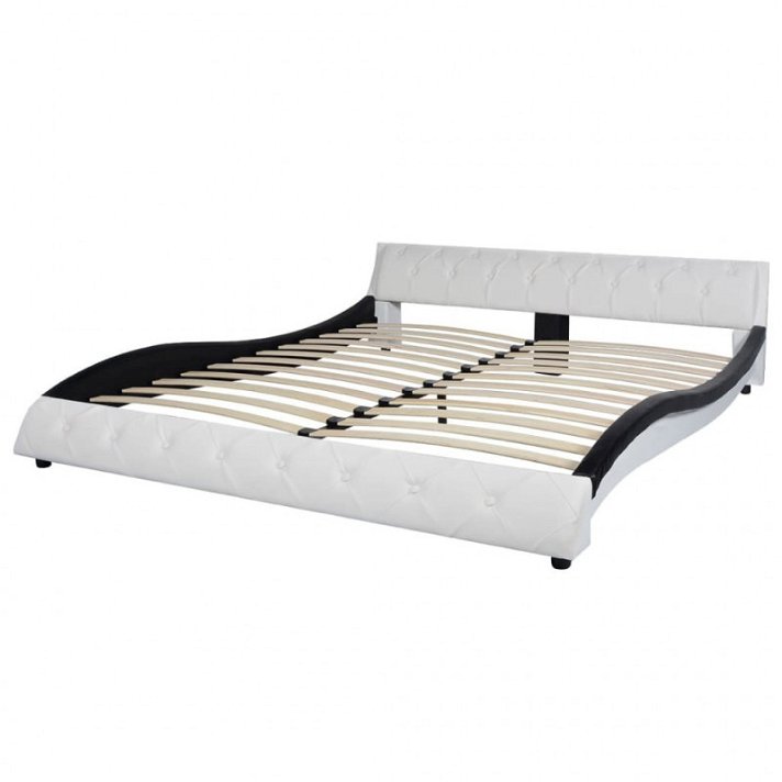Estructura de cama de acero y contrachapada y cuero sintético blanco y negro Vida XL