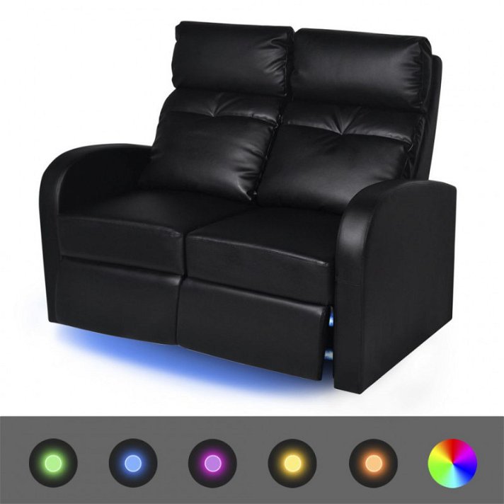 Sofá reclinável LED de 2 lugares em pele preta 128x85x103 cm Vida XL