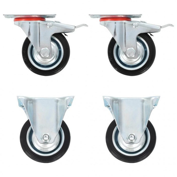 Conjunto de 2 ruedas fijas y 2 ruedas giratorias con frenos de color negro fabricadas en goma Vida XL