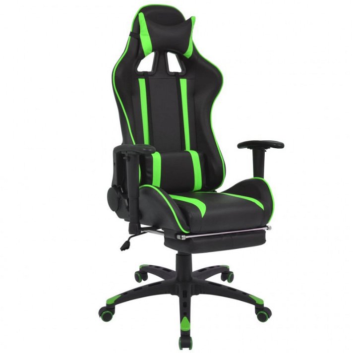 Chaise de bureau inclinable avec repose-pieds et roulettes, recouverte de similicuir noir et vert Racing Vida XL