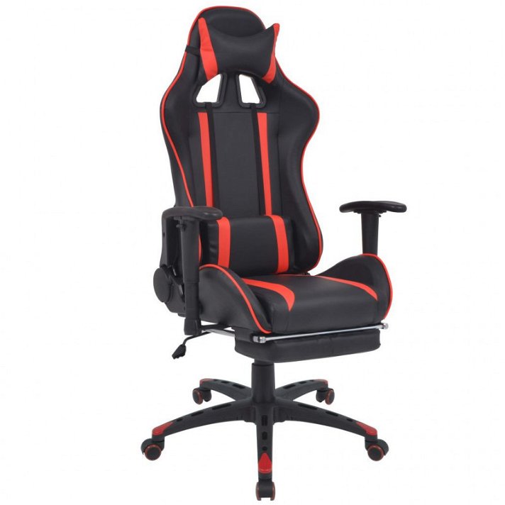 Cadeira de secretária reclinável com apoio para os pés e rodízios estofados em couro vermelho liso e preto Racing Vida XL