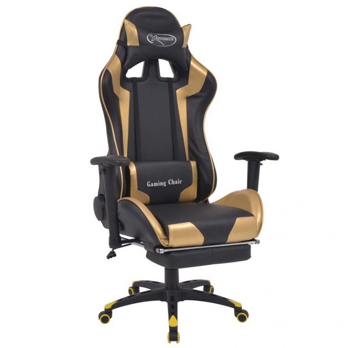 Cadeira de secretária reclinável com rodízios e apoio para os pés estofado em pele preta e dourada Racing Vida XL