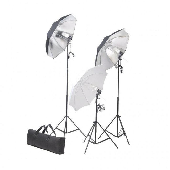 Kit de iluminación para estudio 3 lámparas color 5500 K 24 V con sombrillas Vida XL
