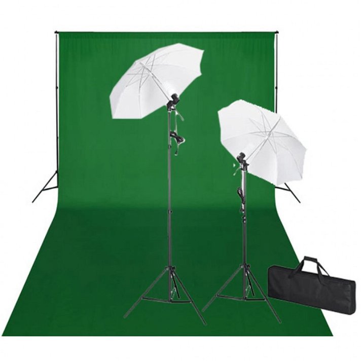 Kit studio photo toile de fond vert chroma et 2 lampes avec parapluie blanc 600x300cm Vida XL