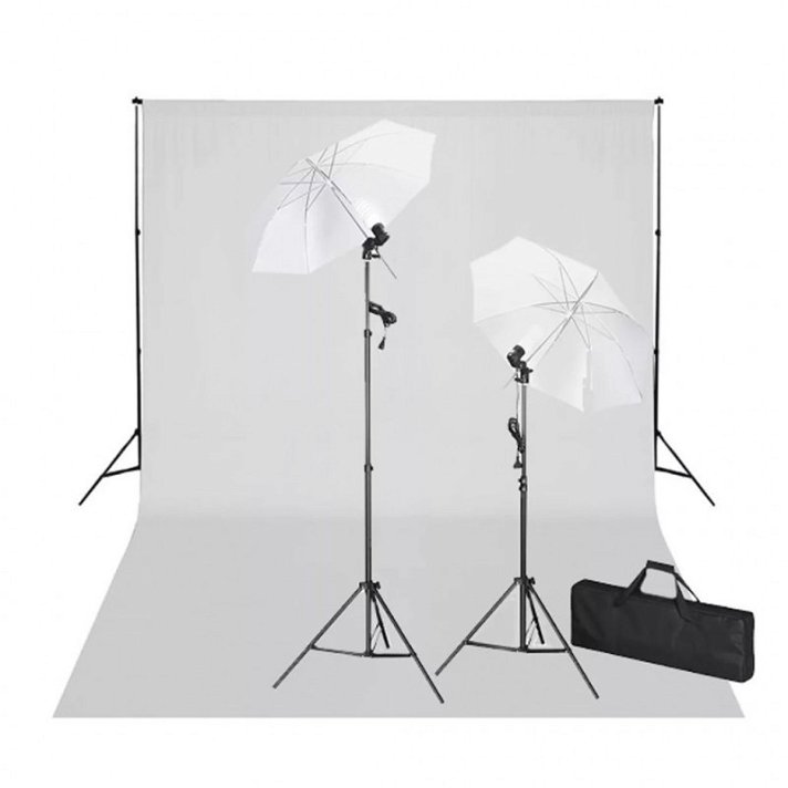 Kit para estudios de fotografía con sistema de fondo y pantalla blanca y luces 300x600 cm Vida XL