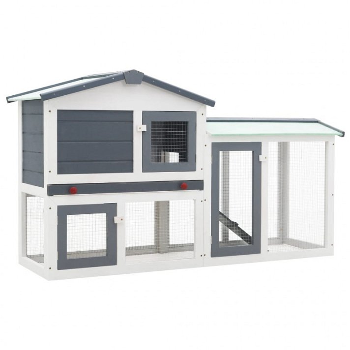Cabana de coelho exterior de dois andares feita de madeira de abeto com telhado de asfalto branco e cinzento Vida XL