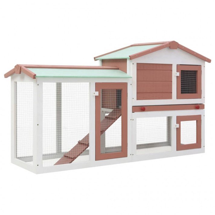 Cabana de coelho exterior de dois andares feita de madeira de abeto com cobertura asfáltica branca e castanha Vida XL