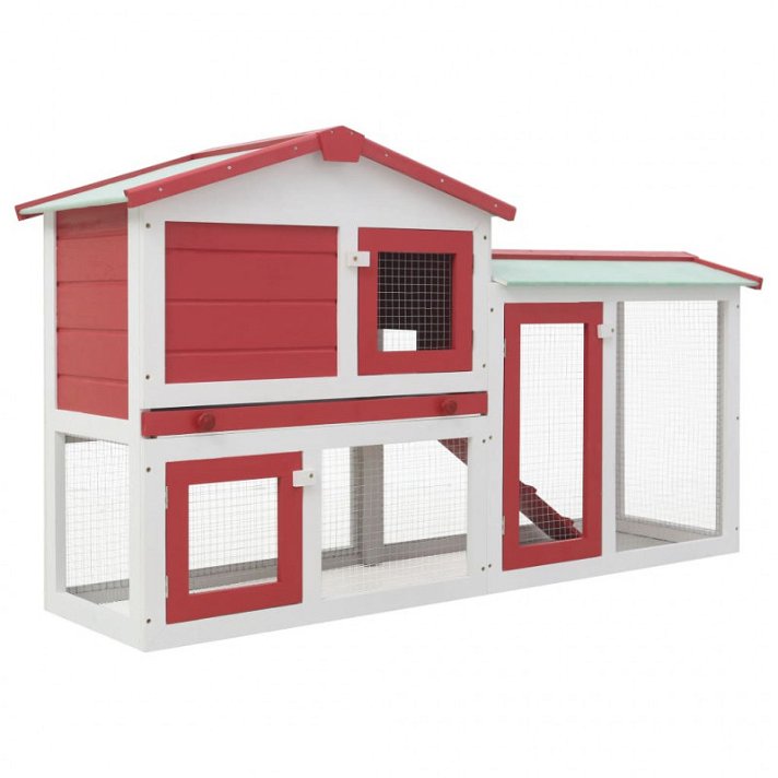 Conejera de exterior tipo casa de dos pisos de madera de abeto con tejado de asfalto roja y blanca Vida XL