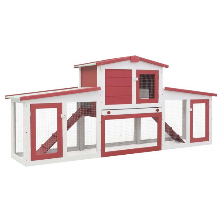 Conejera grande de exterior tipo casa de dos pisos de madera de abeto con tejado de asfalto roja y blanca Vida XL
