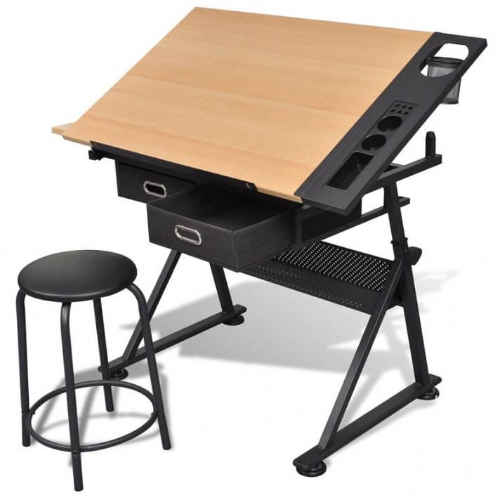Table de dessin inclinable double surface avec plateau tiroirs et tabouret Vida XL