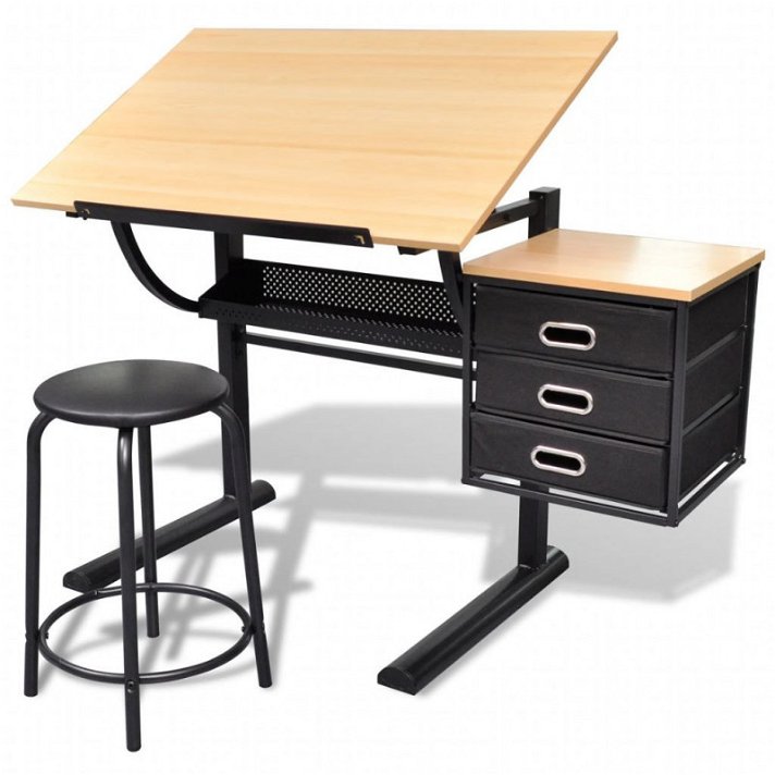Mesa de desenho basculante em MDF e ferro com bandeja e gavetas e banqueta Vida XL