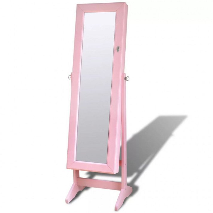 Espejo de pie con armario para joyas con luz LED 46x146 cm rosa VidaXL