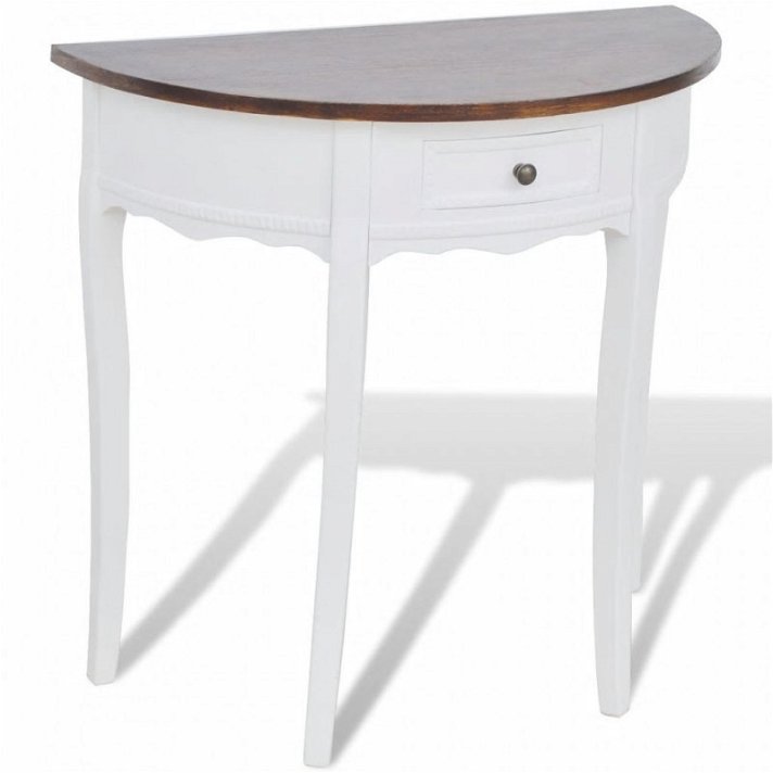 Tavolo consolle semicircolare con cassetto bianco e superficie marrone Vida XL