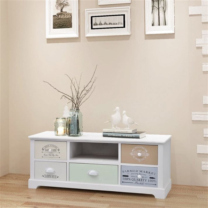 Mueble para TV de madera en estilo de campo francés con cinco cajones color blanco VidaXL