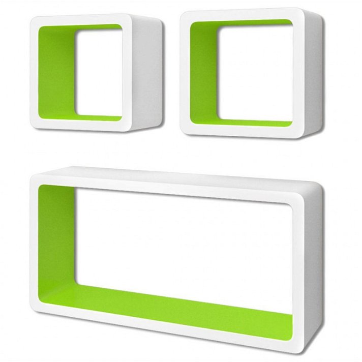 Conjunto de três estantes para interiores com forma cúbica de cor branca e verde Vida XL