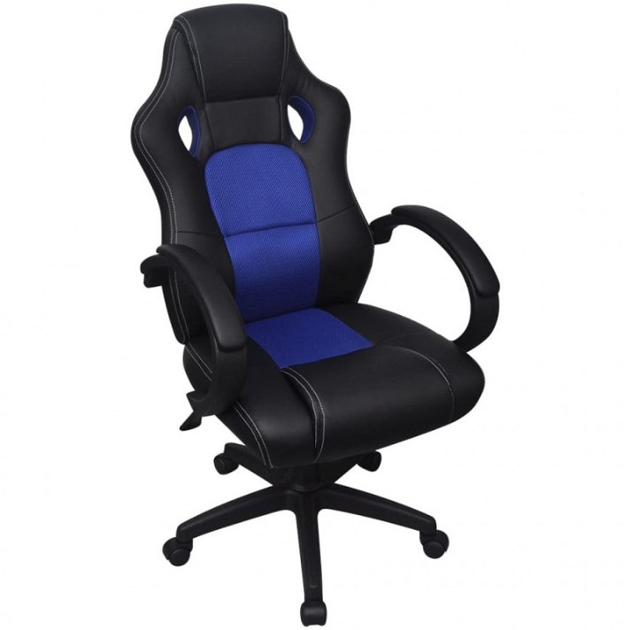 Silla de oficina con diseño de asiento de carreras color azul y negro brillante tapizada en cuero sintético Vida XL