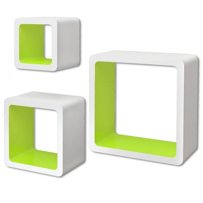 Conjunto de três estantes para interiores com forma de cubo de cor branca e verde Vida XL