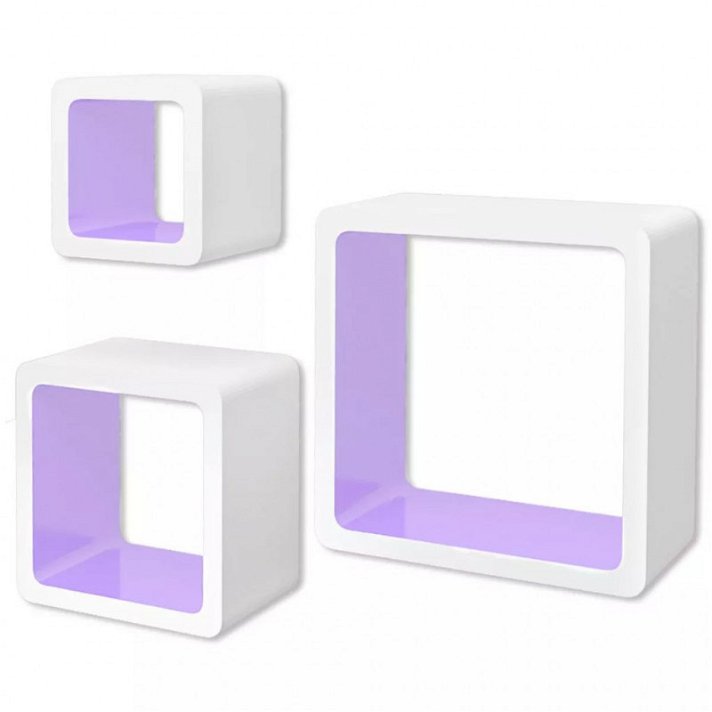 Conjunto de três estantes para interiores com forma de cubo de cor branca e roxa Vida XL