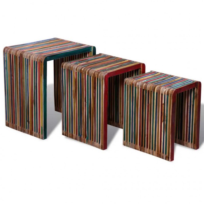 Conjunto de 3 mesas empilháveis de teca multicolorida Vida XL