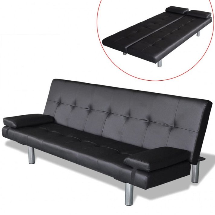 Sofá cama con respaldo reclinable 168x77 cm de madera tapizado con cuero sintético negro Vida XL