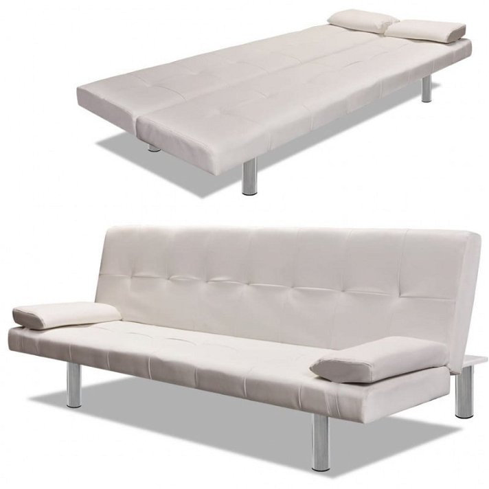 Sofá-cama ajustável com almofadas moldura de madeira e pele creme Vida XL
