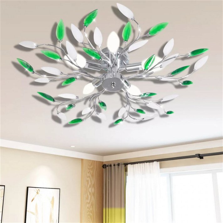 Lámpara de techo cristal forma de hoja 5 E14 verde y blanca Vida XL