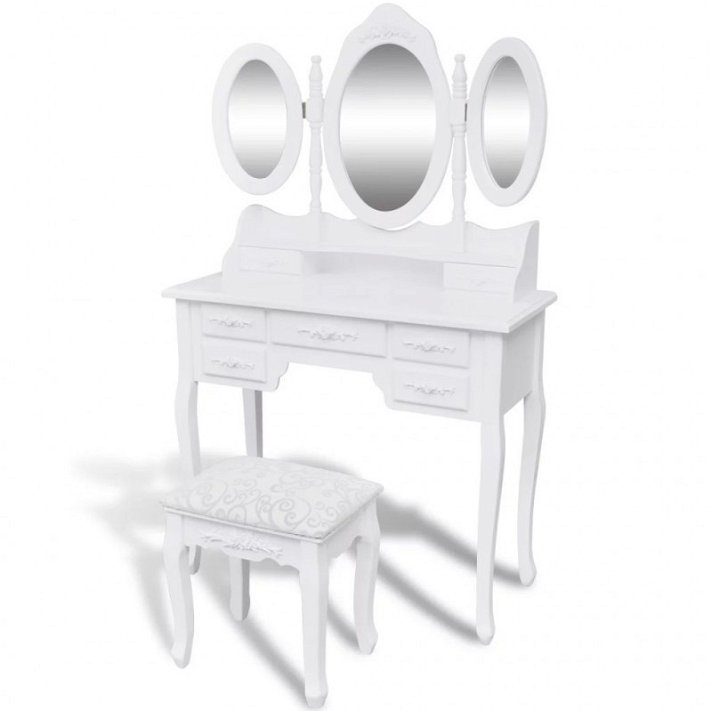Mesa de toucador com banqueta e 3 espelhos brancos Vida XL