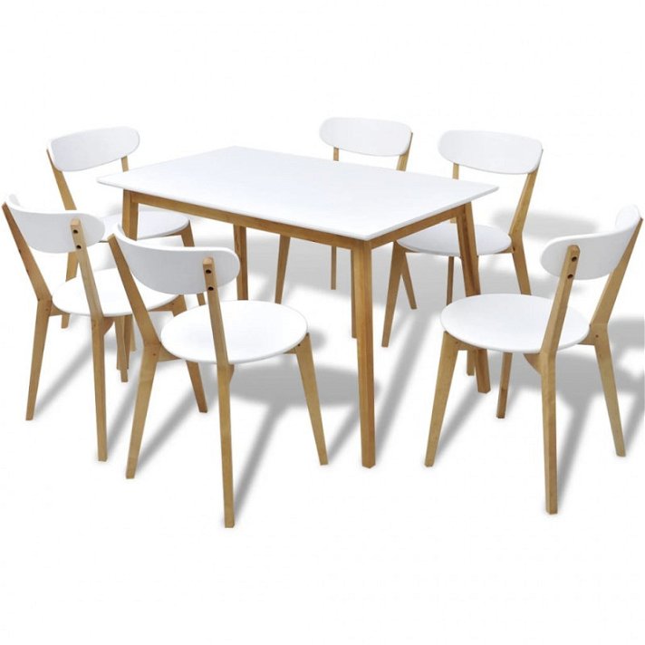 Conjunto de comedor con 1 mesa y 6 sillas elaborado con MDF y estructura de madera natural y blanco Vida XL