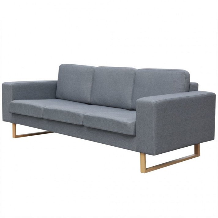 Canapé 3 places en bois recouvert de tissu polyester gris clair avec pieds en fer et coussins Vida XL