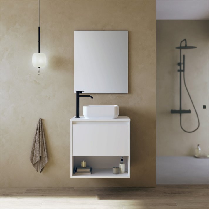 Mueble para baño con lavabo de 60 cm fabricado en tablero de partículas en un acabado blanco brillo Niwa TOP Amizuva