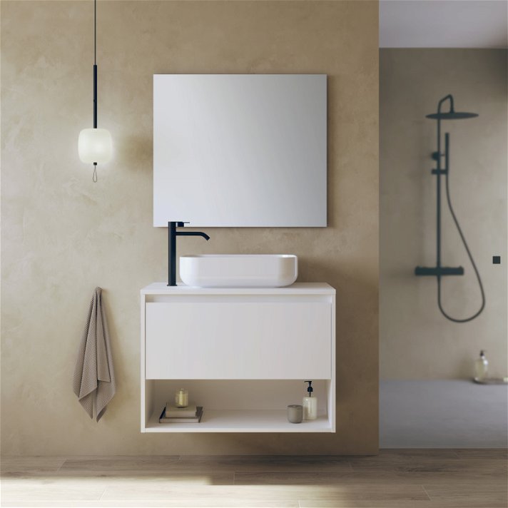 Mueble para baño con lavabo de 80 cm fabricado en tablero de partículas en un acabado blanco brillo Niwa TOP Amizuva