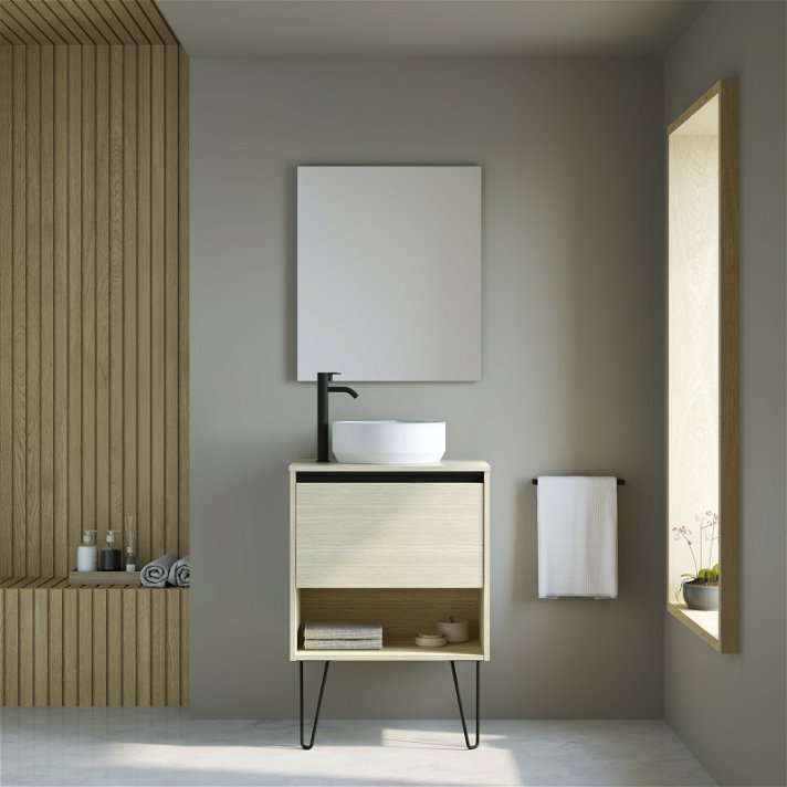 Conjunto para baño de un mueble de 60 cm de ancho con lavabo y espejo en un acabado roble arenado Yoko TOP Amizuva