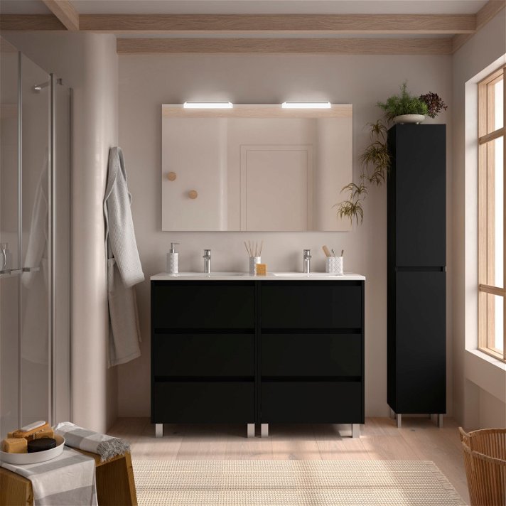 Meuble de salle de bains avec plan vasque double de 119,4 cm de large et 6 tiroirs de couleur noire Noja Salgar