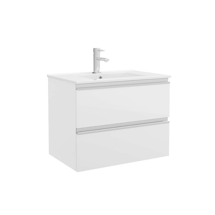 Meuble de salle de bains avec plan vasque en porcelaine et 2 tiroirs de couleur blanc brillant laqué Spirit Salgar