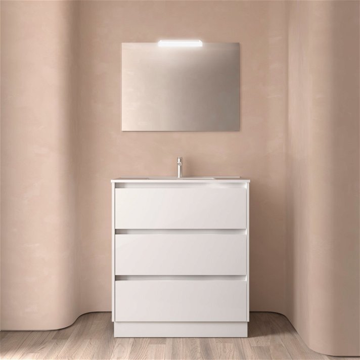Meuble de salle de bains de 80 cm avec plan vasque et 3 tiroirs blanc brillant Noja Salgar
