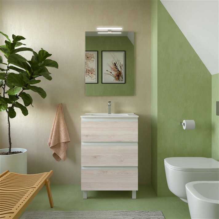 Meuble de salle de bains de 60 cm avec trois tiroirs et finition bois naturel Spirit 600 Salgar