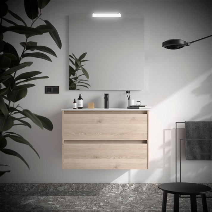 Mueble de baño de 80 cm con lavabo integrado y 2 cajones de acabado natural Noja Salgar