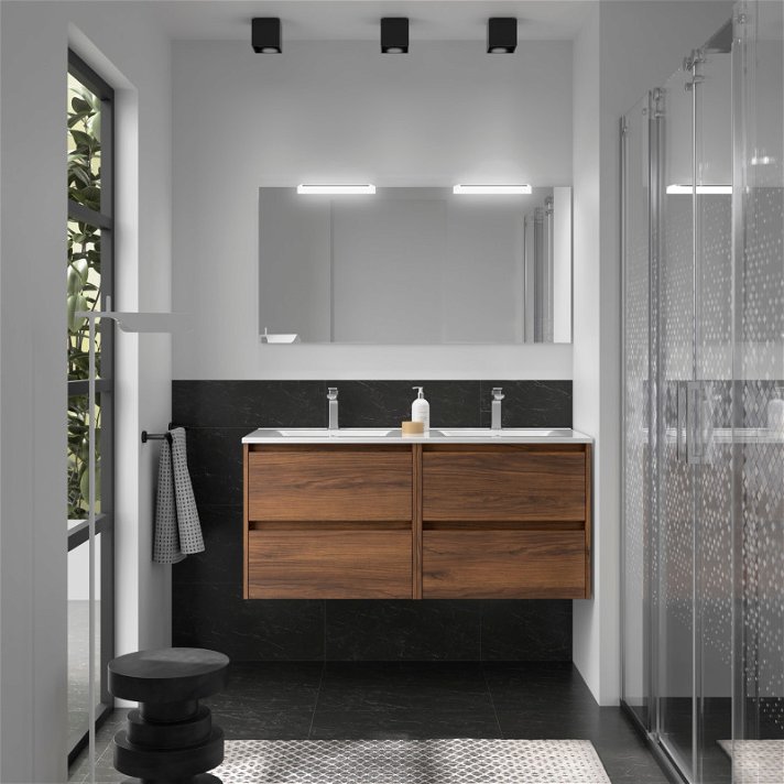 Meuble de salle de bains de 120 cm avec plan double vasque et 4 tiroirs de couleur noyer maya Noja Salgar