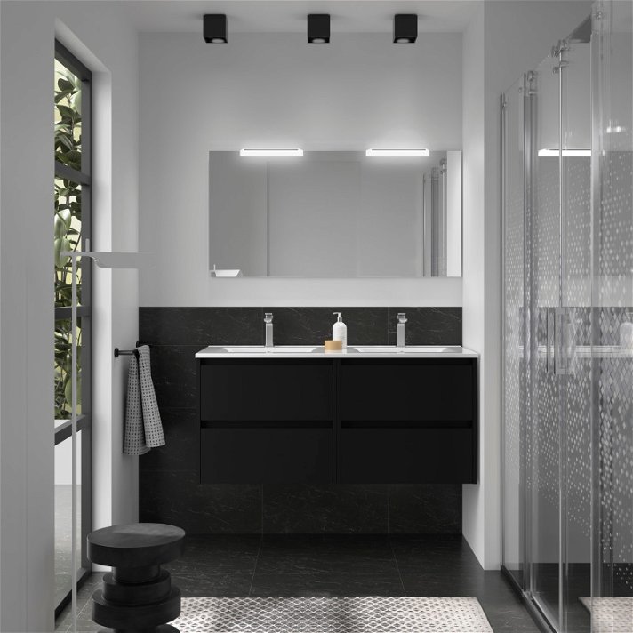Meuble de salle de bains de 120 cm avec plan double vasque et 4 tiroirs de couleur noir satiné Noja Salgar