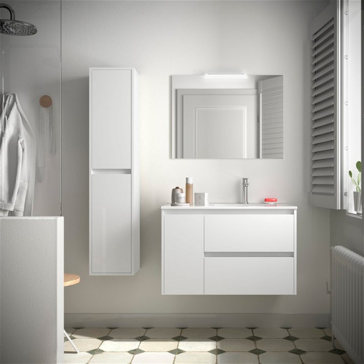 Meuble de salle de bains avec plan vasque fabriqué en MDF de couleur blanc brillant Noja 855 Salgar