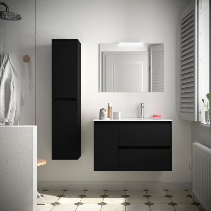 Mueble de baño suspendido con lavabo y puerta fabricado de tablero laminado en negro satén Noja 855 Salgar